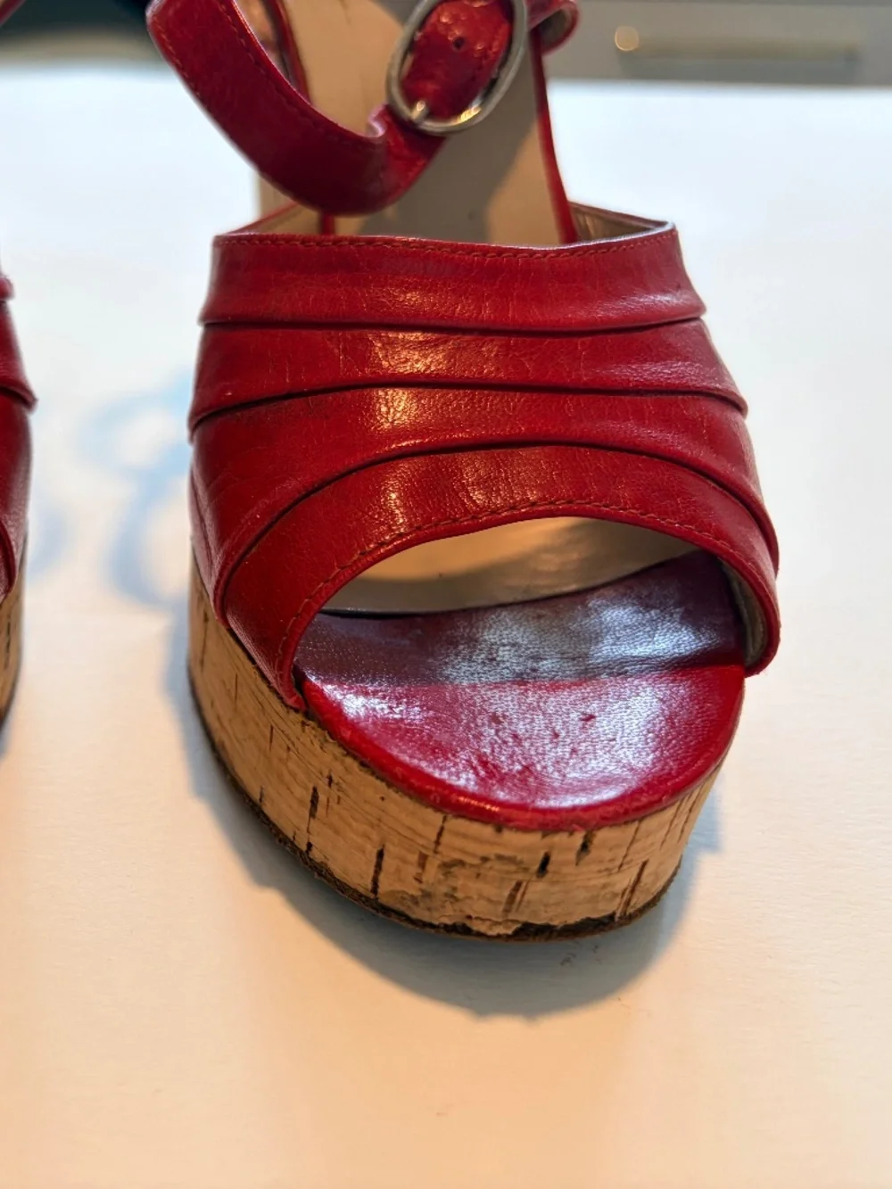 Red Leather Cork Wedge Sandals Ankle Strap Peep Toe European Style Size 5